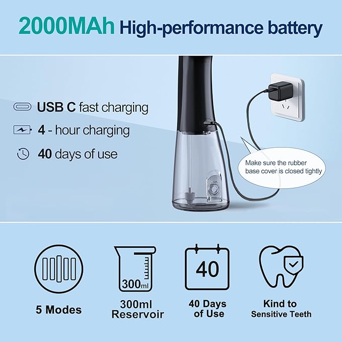 Water Dental Flosser OLED Display Cordless Teeth Cleaning MOCEL 5 Modes Oral Irrigator 300ML Portable and USB C Rechargeable IPX7 Waterproof Floss Teeth Pick (Black)