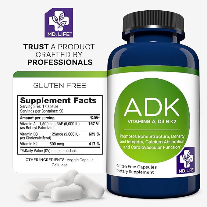 MD.LIFE ADK Vitamin Supplement – Vitamin D3 K2 and A Complex – 120 Capsules – High Potency Vitamin ADK for Bone and Heart Health Support