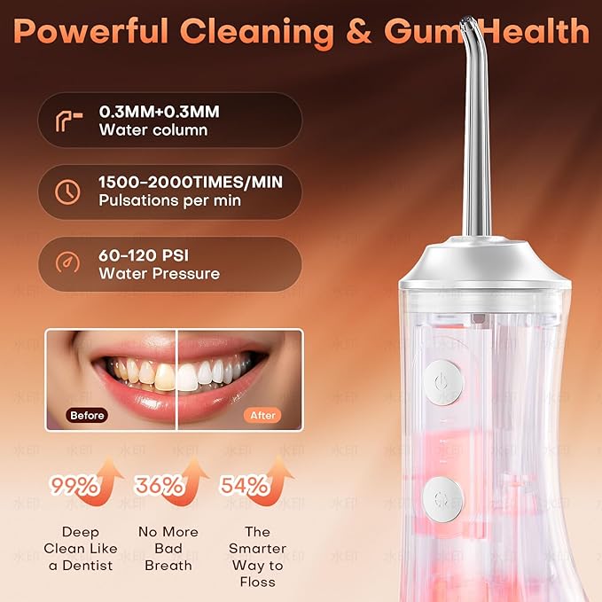Water Dental Flosser - Portable Cordless Oral Irrigator 300ML, Rechargeable IPX7 Waterproof Irrigation Cleaner for Teeth Cleaning & Flossing, Travel & Home Use