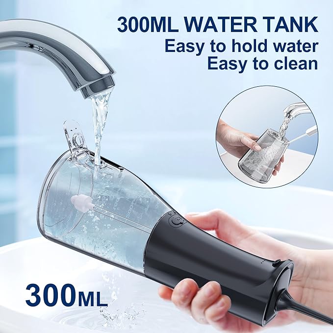 Water Dental Flosser OLED Display Cordless Teeth Cleaning MOCEL 5 Modes Oral Irrigator 300ML Portable and USB C Rechargeable IPX7 Waterproof Floss Teeth Pick (Black)