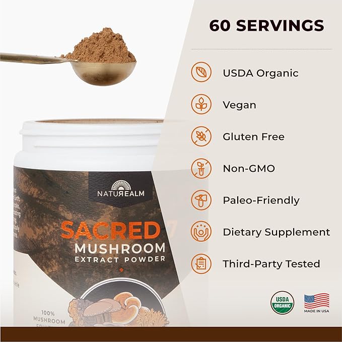 Sacred 7 Organic Mushroom Supplement – 100% Fruiting Body Extract Powder with Lions Mane, Reishi, Chaga & More | Nootropic & Immune Support for Coffee, Tea, Smoothies – 60 Servings