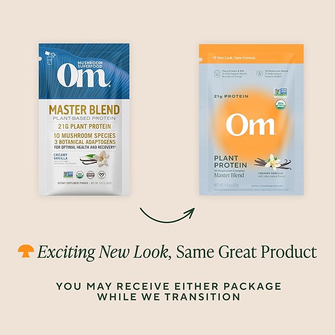 Om Master Blend Vegan Protein Powder, Vanilla, 21g of Plant Protein - Organic Mushroom Supplement with 10 Mushroom Complex, Ashwagandha, BCAAs and Vitamin B12 - Single Serve (10 Count)