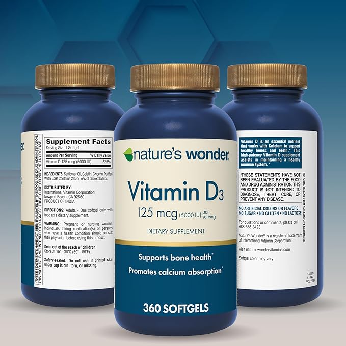 Nature's Wonder Vitamin D3 5000iu (125mcg) High Potency, Dietary Supplement to Support Bone Health and Immune System, Gluten Free, 360 Softgels, 1 Year Supply