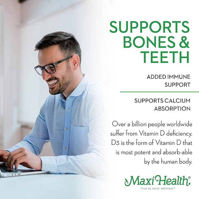 Maxi Health Vitamin D3 3000 IU 75 mcg Vitamin D Supplement for Healthy Bones, Teeth, Immune Support - VIT D3 Supplement Easy to Swallow Non-GMO, Supplement for Men and Women – Kosher (180 Tablets)
