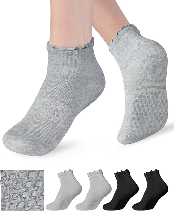 Non Slip Grip Yoga Socks for Women Breathable Cute Ruffle Ankle Socks for Yoga, Pilates, Barre Workouts