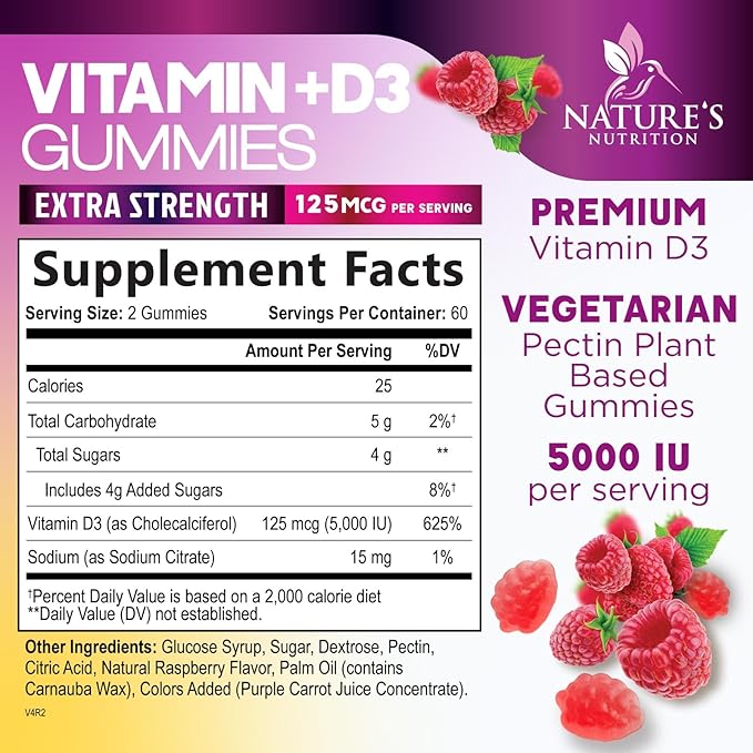 Vitamin D3 Supplement Gummy 5000 IU (125 mcg) Dietary Vitamins D for Men & Women - Bone, Teeth, Muscle and Immune Health Support, High Potency VIT D3 Nature's Non-GMO & Gluten Free - 120 Gummies
