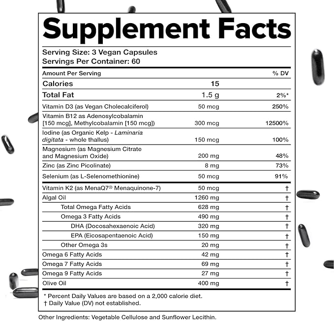 Complement Essential Vegan Multivitamin for Men & Women (60 Servings, 180 Capsules) with Omega-3 DHA & EPA, B12, Vitamin D3 & K2, Zinc, Selenium, Magnesium, Iodine - Supports Immunity & Overall Health