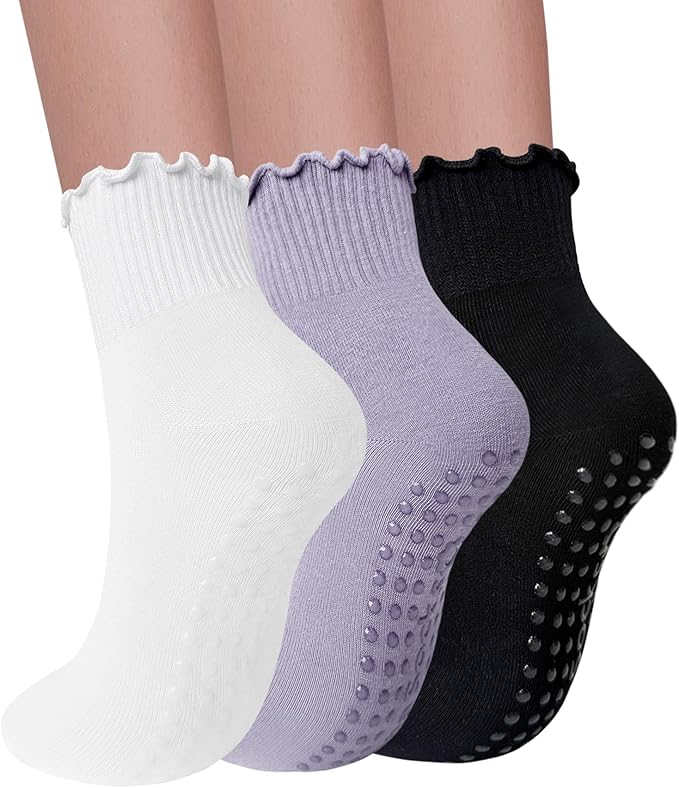 3 Pairs Pilates Socks with Grips for Women Non Slip Grip Ruffle Yoga Ankle Grippy Socks