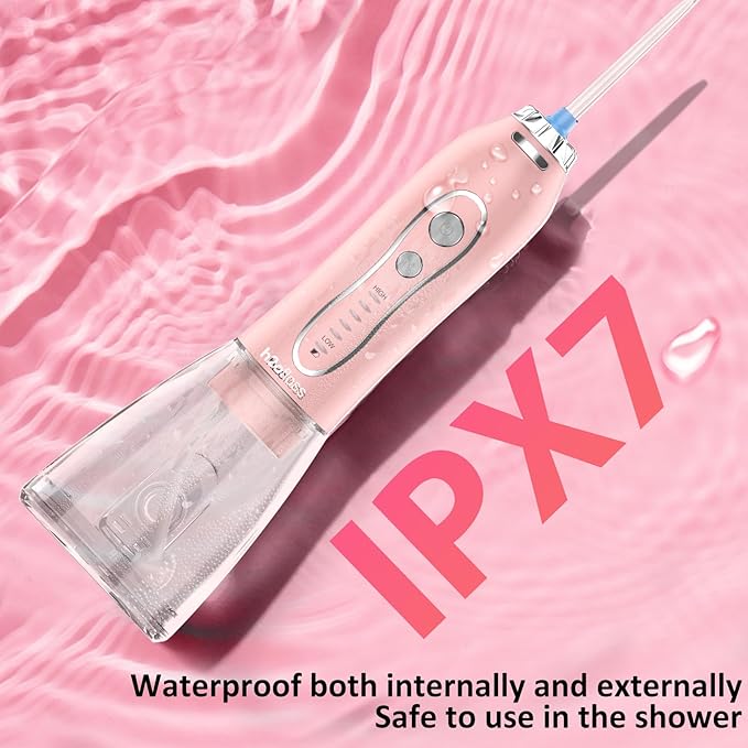 Water Dental Flosser Teeth Cleaner Pick, H2ofloss Cordless Portable Oral Irrigator,5 Mode IPX7 Waterproof Teeth Picks 300ML Rechargeable WaterFlosser for Home Travel (Pink)