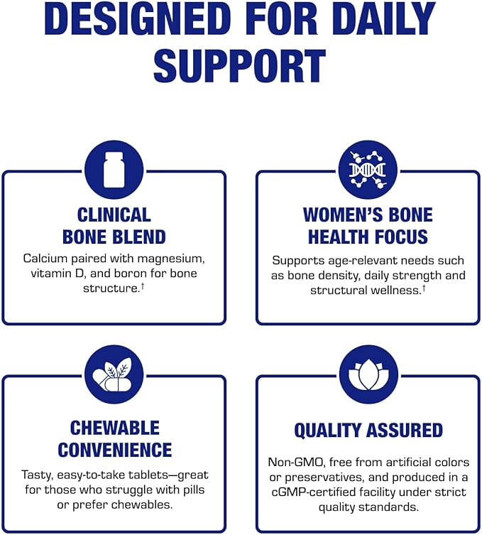 Chewable Calcium Supplement for Women - Clinical Bone Supplement with Chewable Calcium with Vitamin D Magnesium and Boron Complex for Bone Health & Strength Support - Made in The USA - 30 Servings