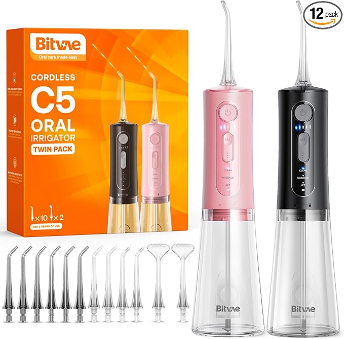 Water Dental Flosser Teeth Pick: Bitvae 2 Pack Portable Cordless Oral Irrigator, 3 Modes 5 Intensities, Rechargeable Water Dental Picks for Cleaning with 12 Tips, Travel Irrigation Cleaner for Teeth