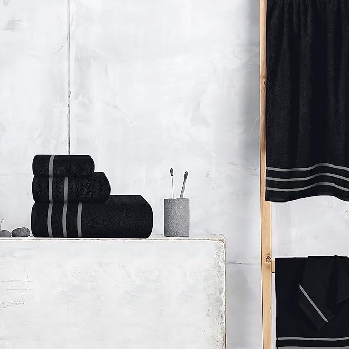 MyOwn Ultra Soft 6 Pack Cotton Towel Set, Contains 2 Bath Towels 28x55 inch, 2 Hand Towels 16x24 inch & 2 Wash Coths 12x12 inch, Ideal Everyday use, Compact & Lightweight - Black, 71645
