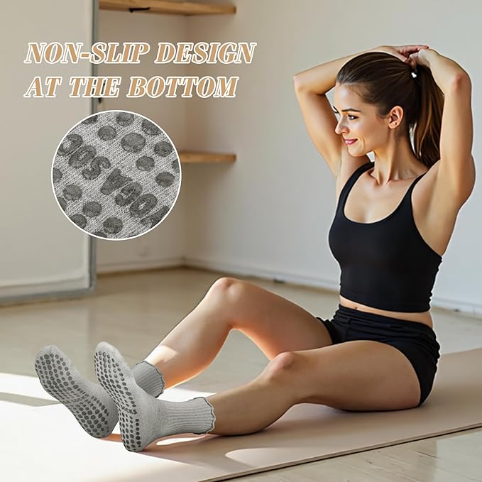Justay 6 Pairs Womens Pilates Socks with Grips Crew Non Slip Ruffle Cotton for Athletic Workout Barre Hospital Yoga Socks