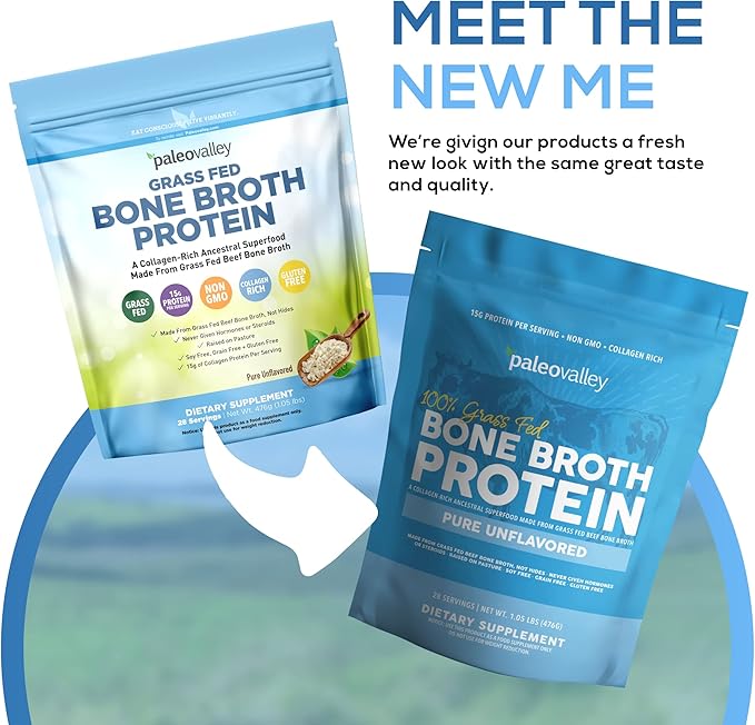 Paleovalley 100% Grass Fed Beef Bone Broth Protein Powder - Rich in Collagen Peptides for Hair, Skin, Gut Health, Bone and Joint Support - 15g Protein Per Serving - No Gluten or GMOs