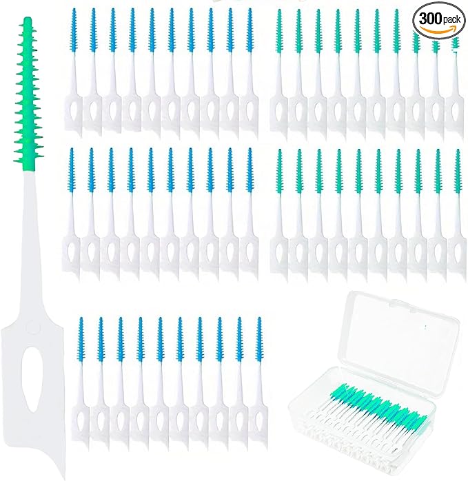 300 Pieces Dual-Use Interdental Brushes Soft Silicone, Disposable Dental Picks,Premium Dental Floss Picks for Effective Teeth Cleaning(200pcs Green+100pcs Blue)