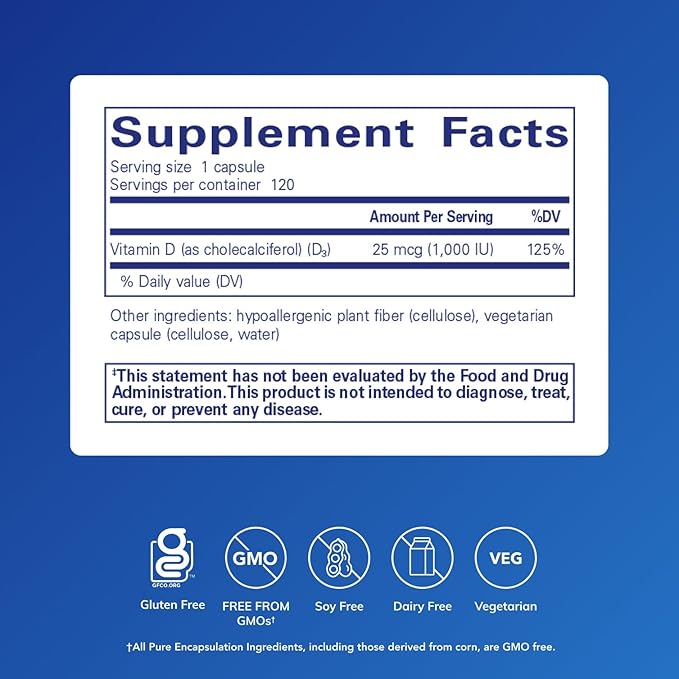 Pure Encapsulations Vitamin D3 25 mcg (1,000 IU) - Supplement to Support Bone, Joint, Breast, Heart, Colon & Immune Health - with Premium Vitamin D - 120 Capsules