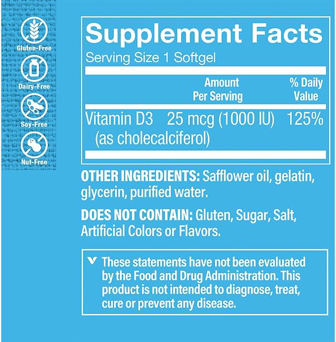 The Vitamin Shoppe Vitamin D3 1000IU Softgel, Supports Bone & Immune Health, Aids in Cellular Growth & Calcium Absorption, Gluten Free & Once Daily Formula (200 Softgels)