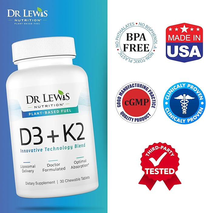 Liposomal Vitamins D3 + K2 Supplement Doctor Formulated Support for Heart, Brain, Bones, and Immune System Sourced from Plant Based Lichen and Natto - Gluten-Free, Non-GMO - 30 Chewable Vegan Tablets