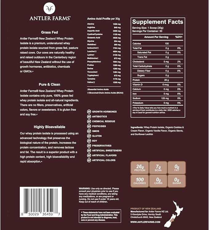 Antler Farms - 100% Grass Fed New Zealand Whey Protein Isolate, Cookies & Cream Flavor, 2 lbs - Pure and Clean, 5 Ingredients, Cold Processed