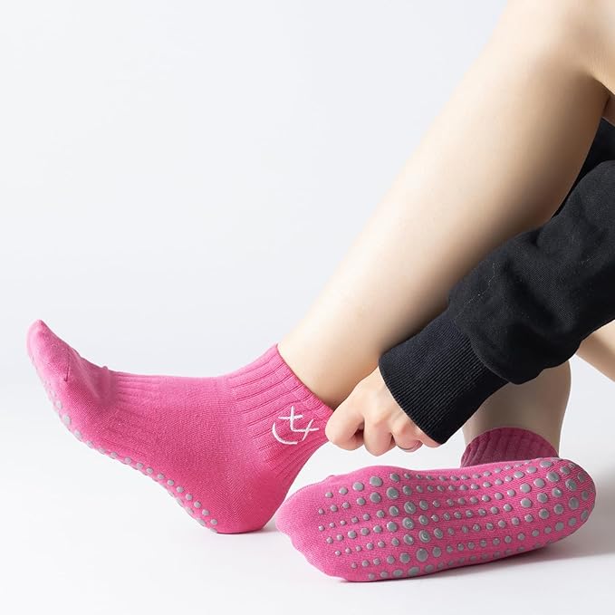 Yoga Pilates Socks with Grips for Women Non Slip Colorful Cushioned Ankle Socks for Barre Ballet Dance