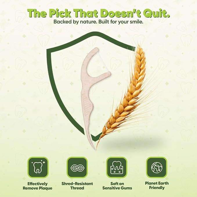 Biodegradable Floss Picks (Unflavored) - Natural Straw Wheat Handle | Thin & Durable Thread for Tight Gaps! | Dental Flossers for Adults | Gentle on Gums & Teeth | Eco Friendly, Vegan (100 Pack)