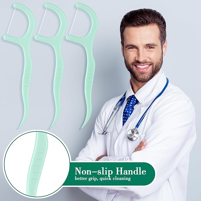Baderke 200 Count Floss Picks Bulk Non Breakable Tooth Picks Flosser Dental Floss Sticks for Adults Teeth Cleaning Dental Flossers for Family Pack Travel(Light Green)