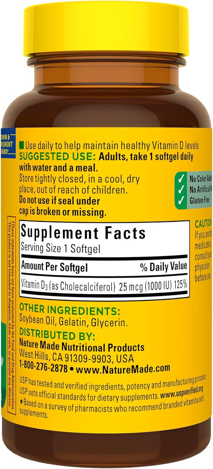 Nature Made Vitamin D3 1000 IU (25 mcg), Vitamin D Supplement for Bone, Teeth, Muscle and Immune Health Support, 100 Softgels, 100 Day Supply