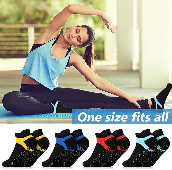 Jspupifip 4 Pairs Non Slip Yoga Socks with Grips for Women Men Pilates Grippy Socks Cotton Barre Hospital Home
