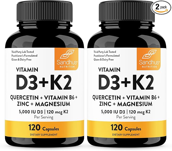 Sandhu's Vitamin D3 K2 Magnesium 5000 IU, 120mcg K2 Capsules 120 Count (Pack of 2) | with VIT B6, Zinc & Quercetin | D3K2 Supports Superior Absorption, Energy, Immune, Muscle Health for Men & Women