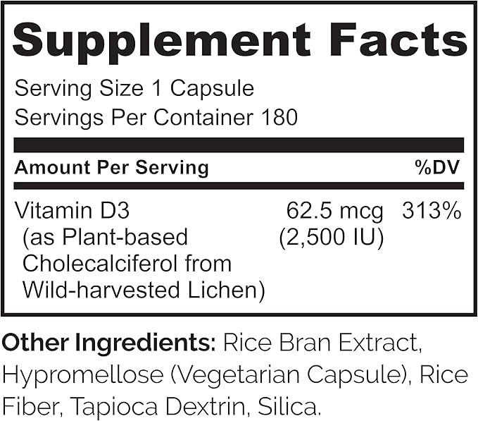 NATURELO Vitamin D - 2500 IU - Plant Based from Lichen - Natural D3 Supplement for Immune System, Bone Support, Joint Health - Vegan - Non-GMO - Gluten Free - 180 Capsules (Pack of 2)