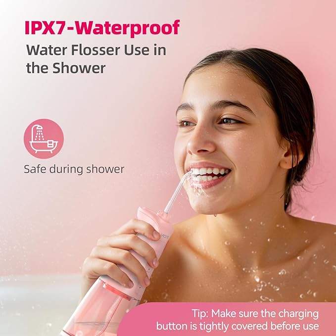 Water Dental Flosser for Teeth: 350ML Cordless Portable 4 Modes Oral Irrigator, IPX7 Waterproof, Rechargeable Water Floss Pik for Cleaning Gum Care Braces for Home Travel(Pink)
