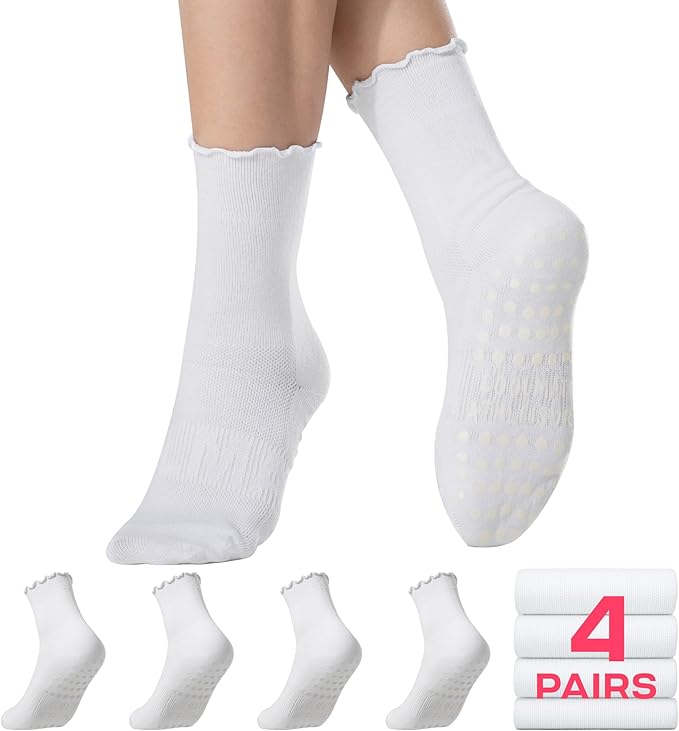 CoolMate 2/3/4 Pairs Pilates Socks with Grips for Women, Cute Yoga Socks, Crew Non Slip Women for Barre, Pilates Gifts
