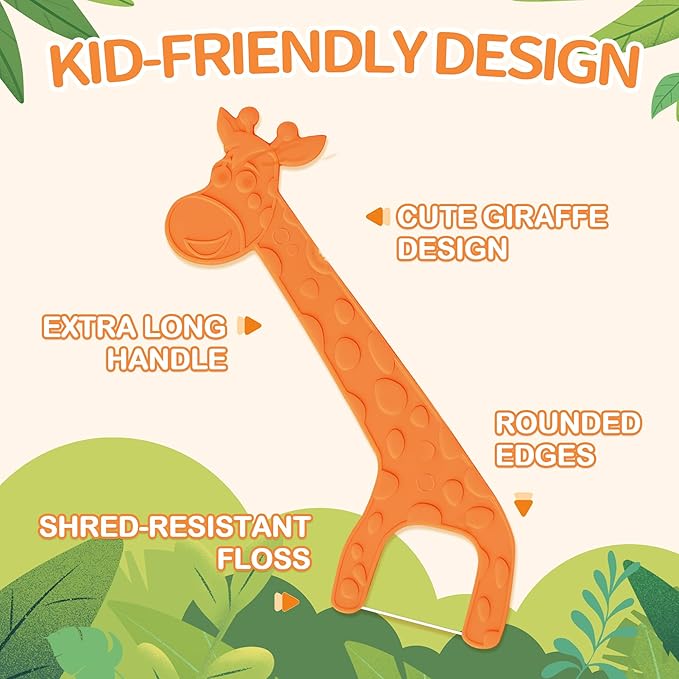 200 Count Biodegradable Kids Flossers, Eco-Friendly Plant-Based Floss Picks, No Fluoride BPA Free Cute Giraffe Dental Picks, No Plastics, Vegan Natural Floss, Mild Mint