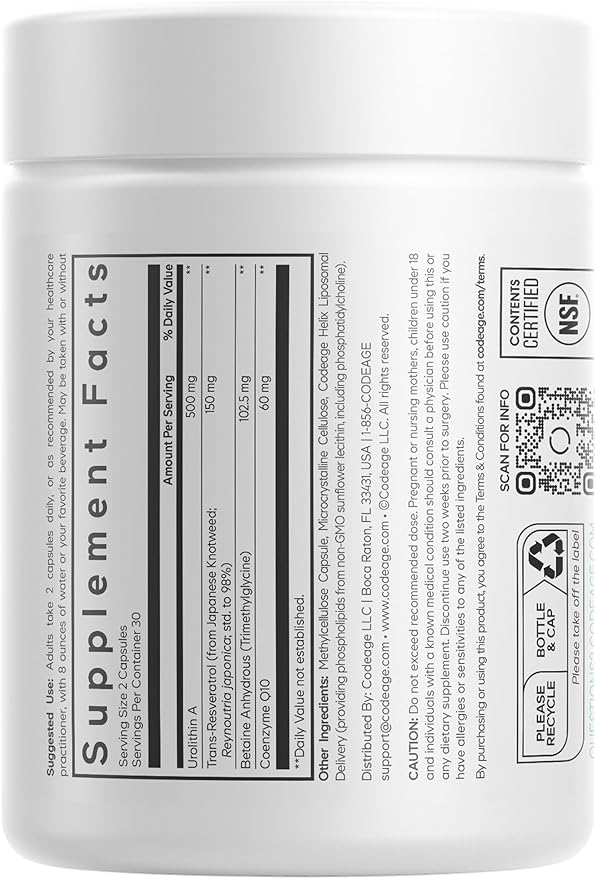 Codeage Liposomal Urolithin A Supplement 500mg Per Serving + Resveratrol, Betaine, CoQ10, Ellagitannins - A New Frontier Beyond NADH, NMN, NAD, NR, and PQQ Vitamins - Bioavailable - 60 Capsules