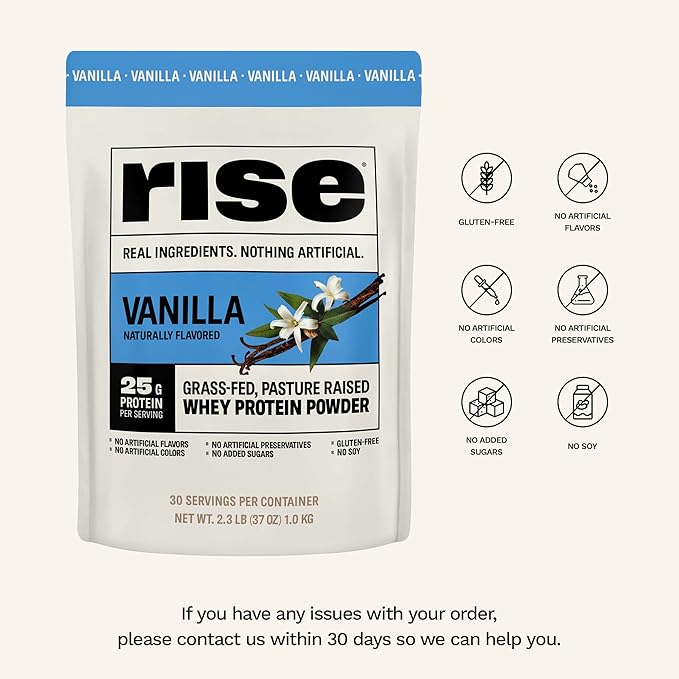 Rise Grass-Fed Whey Protein Powder - Vanilla | 25g Protein No Artificial Flavors, Colors, or Preservatives - Sugar Free, Gluten-Free, Soy Free (Single Serving, 1 Pack)