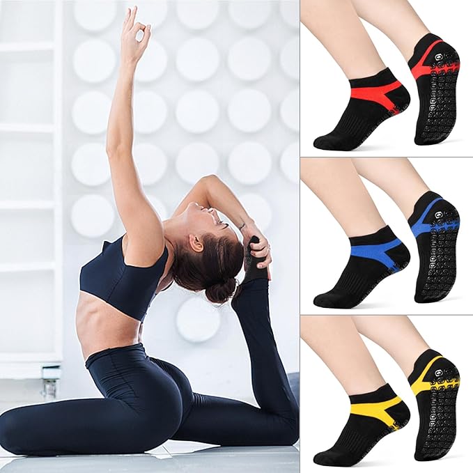 Jspupifip 4 Pairs Non Slip Yoga Socks with Grips for Women Men Pilates Grippy Socks Cotton Barre Hospital Home
