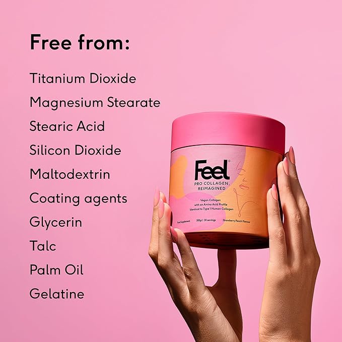 FEEL, Pro Collagen Strawberry Peach Flavor, Vegan Type I Collagen, Clinically Proven to Reduce Wrinkles by 22.4% in 28 Days