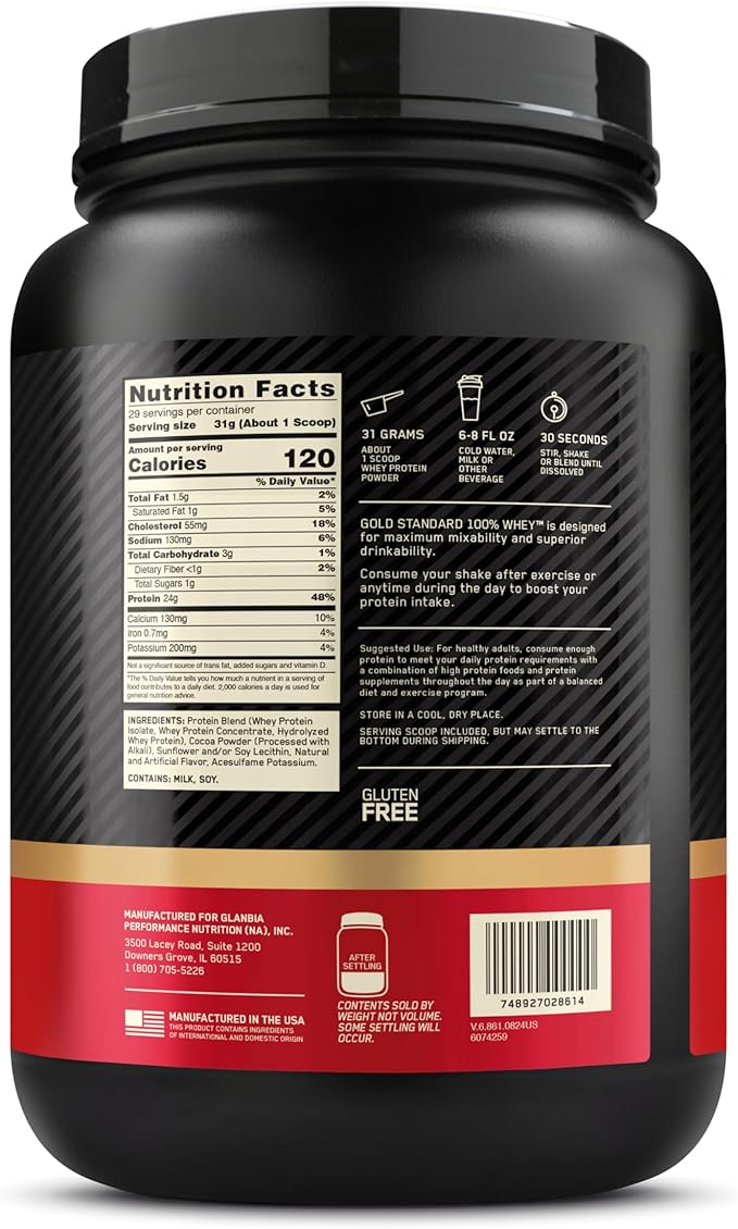 Optimum Nutrition Gold Standard 100% Whey Protein Powder, Double Rich Chocolate 1.98 Pound (Packaging May Vary)