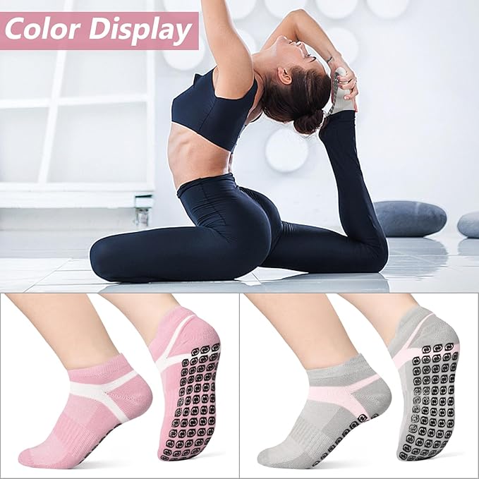 Jspupifip 4 Pairs Non Slip Yoga Socks with Grips for Women Men Pilates Grippy Socks Cotton Barre Hospital Home