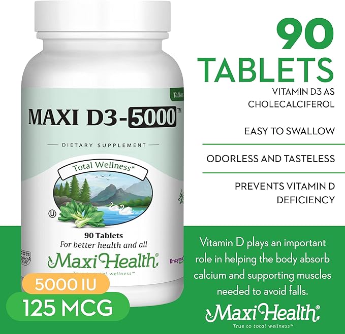 Maxi Health Vitamin D3 5000 IU (125 mcg) - High Dose Vitamin D 5000 IU - Healthy Bones, Teeth, Immune Support - Kosher Pure High Potency Vit D3 (90 Tablets)