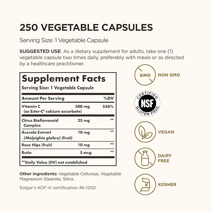 Solgar Ester-C Plus 500 mg Vitamin C (Ascorbate Complex), 250 Vegetable Capsules - Gentle & Non Acidic - Antioxidant & Immune Support - Non GMO, Vegan, Gluten Free, Kosher - 250 Servings