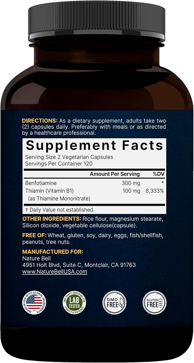 NatureBell Benfotiamine 300mg with Thiamine 100mg Per Serving | 240 Veggie Capsules – Essential Vitamin B1 Benfotiamine Supplement – Vegetarian Friendly