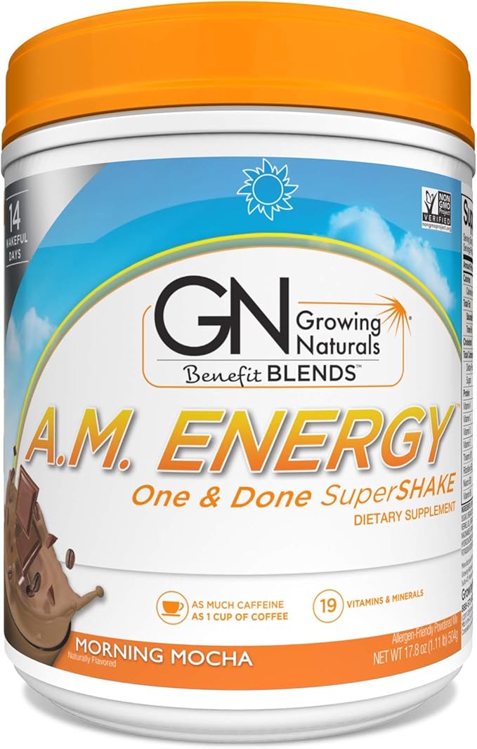 Growing Naturals All Natural Plant Based Protein, One & Done Super Shake, 18g Protein with Non-GMO High Fiber and Gluten Free, A.M. Energy 1 Pound (Pack of 1)
