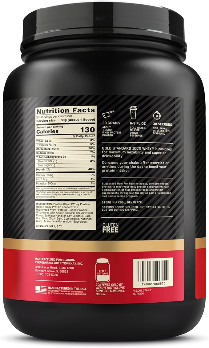 Optimum Nutrition Gold Standard 100% Whey Protein Powder, Chocolate Hazelnut, 2 Pound (Packaging May Vary)