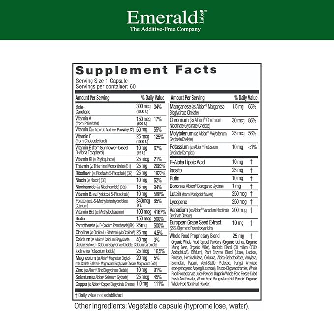 EMERALD LABS Complete 1-Daily Multi - Complete Multivitamin for Men & Women with Vitamin C, Methylated Folate, Whole-Food Blend & More for Immune Support, Bone Health & More* - 60 Vegetable Capsules