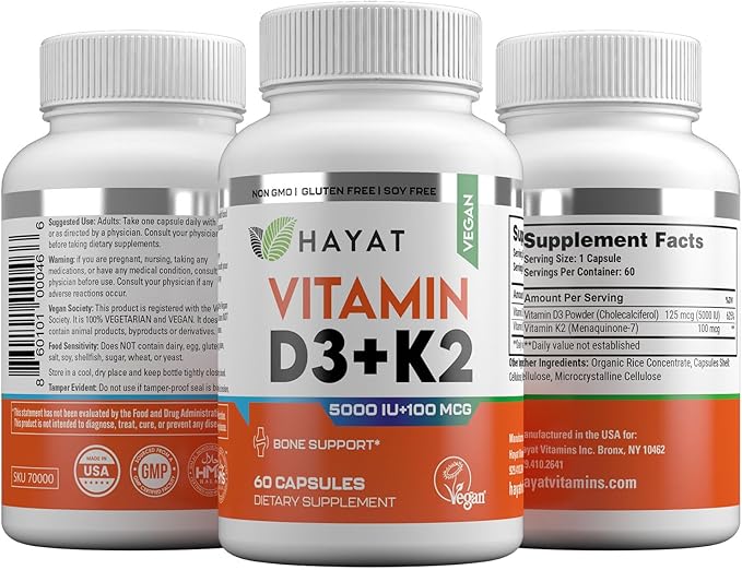 Vitamins Vegan Vitamin D3+K2 (5000 IU + 100 MCG), Dietary Supplement for Bone, Teeth, Muscle and Immune Health Support, 2 Month Supply, Certified Halal, 60 Capsules, Made in The USA