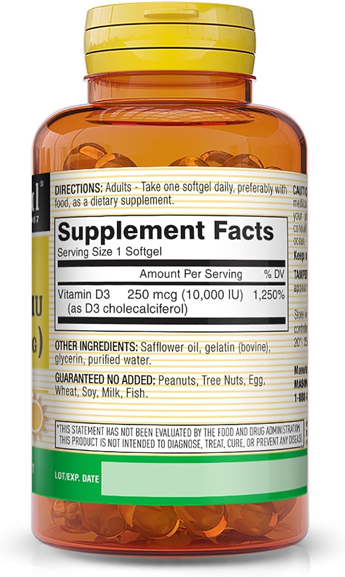 MASON NATURAL Vitamin D3 250 mcg (10000 IU), May Support Bone and Immune Health, from Corn Oil, 30 Softgels (Pack of 3)