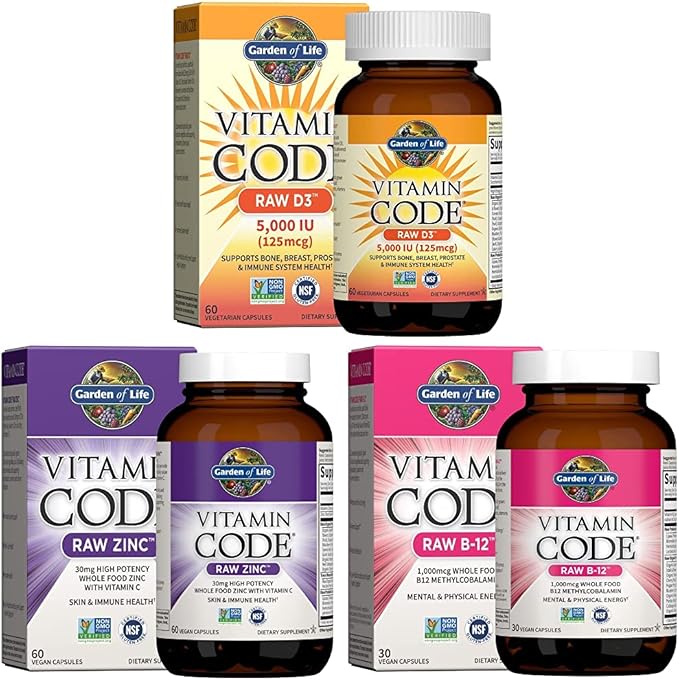 Garden of Life Vitamin D, Vitamin Code Raw B12, Zinc & Vitamin C - Whole Food Supplements for Immune Support