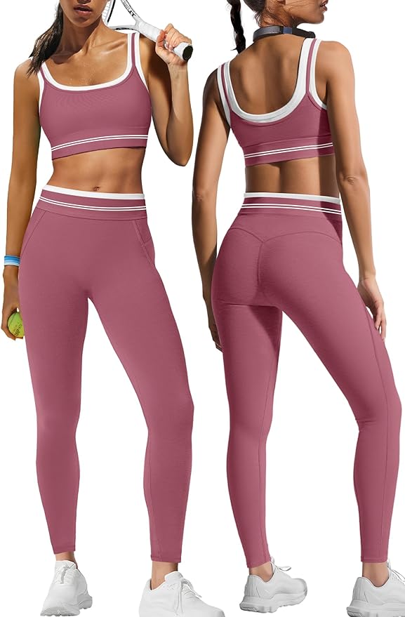 Panadila Womens Yoga Set 2 Piece Outfits Striped Workout Set Gym Matching Sports Bra and High Waist Leggings Activewear