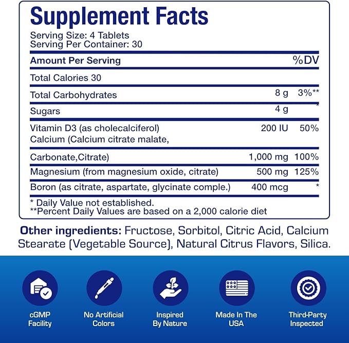 Chewable Calcium Supplement for Women - Clinical Bone Supplement with Chewable Calcium with Vitamin D Magnesium and Boron Complex for Bone Health & Strength Support - Made in The USA - 30 Servings